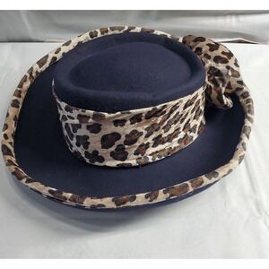 Milan By Charm Vintage Hat, Black Wool Hat With Animal Print Trim & Rose.‎ Mint!